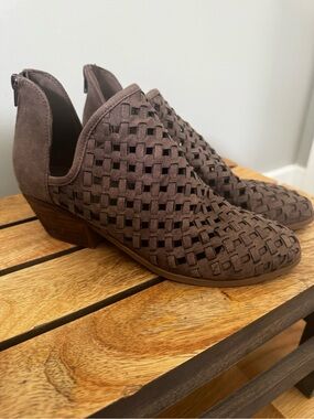 Fergalicious Taupe Woven Suede Cutout Mules